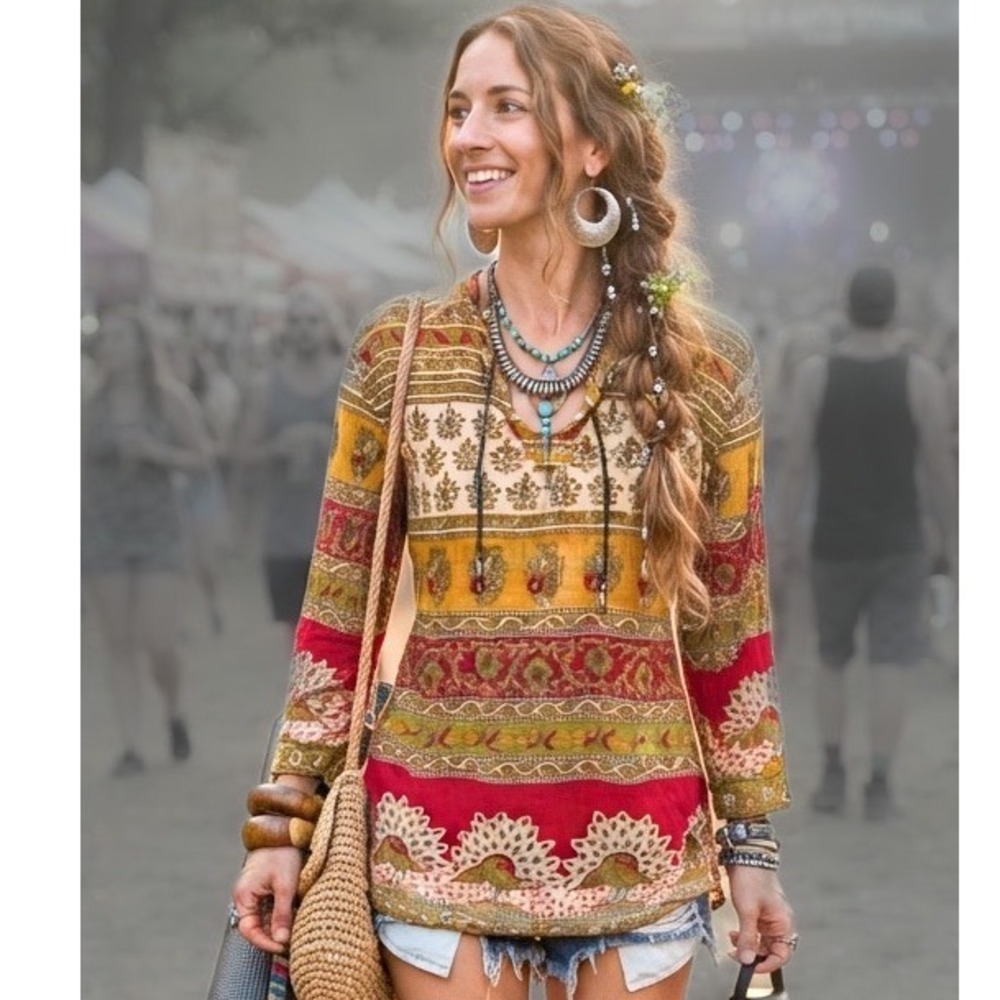 Indian Cotton Hippie Blouse Women's Sz M Earth Tones Peacock Print Tie Neck 3/4